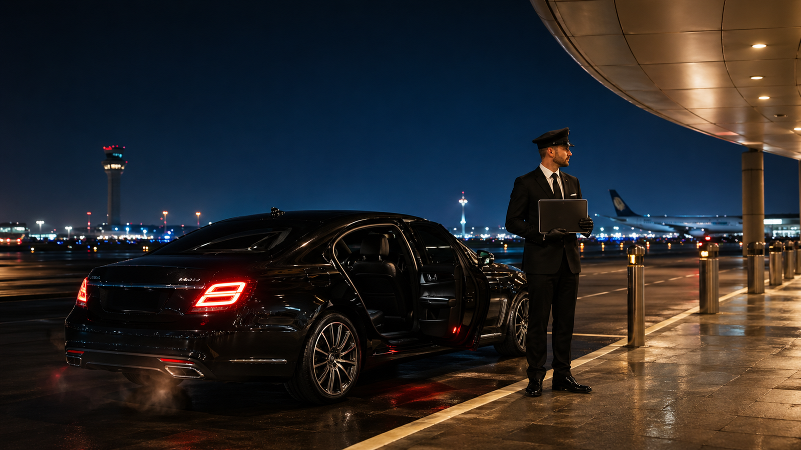 247 luxury airport car service NYC with professional chauffeur waiting at terminal at night