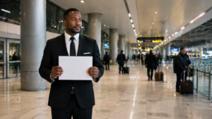 Professional chauffeur holding name sign in NYC airport arrivals hall for luxury 247 car service